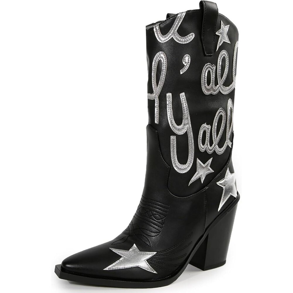 ⚡Women's Black Wide Calf Chunky Sole Block Heel Mid Calf Western Cowgirl Boots